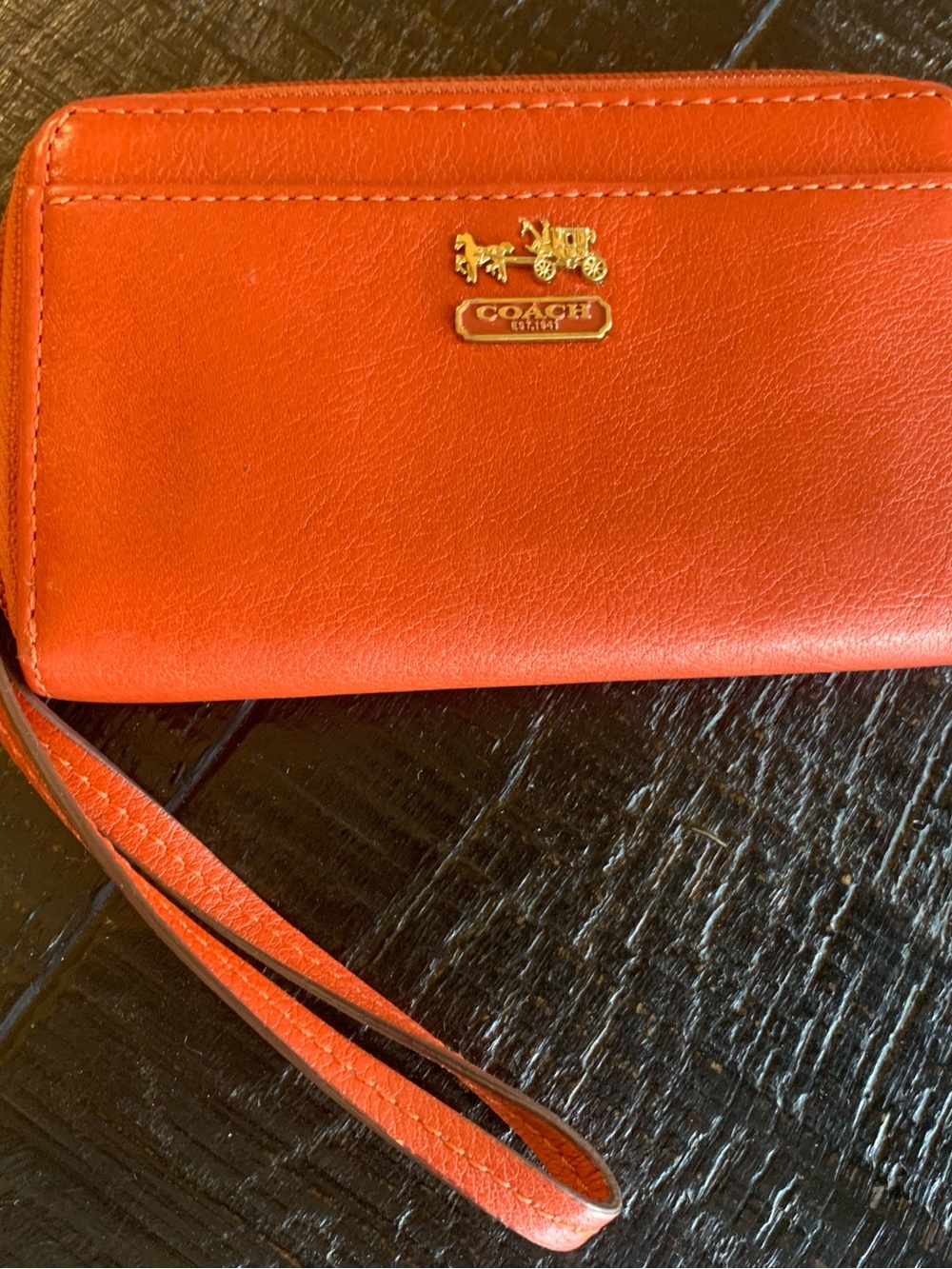 Coach Red-Orange Leather Clutch with Gold Coach Emblem